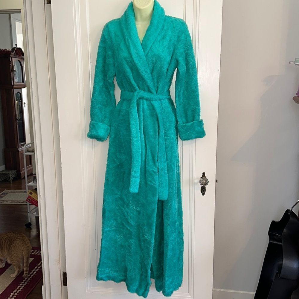 Vintage Sears At Home Wear turquoise faux fur long robe